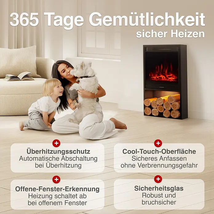 Elektrischer Kamin KAMINIO Hugo - 17 x 42 x 75 cm, Schwarz - Schwarzer Elektrokamin mit Flammen und Holzscheiten, umgeben von Familie, bietet sichere und gemütliche Wärme.