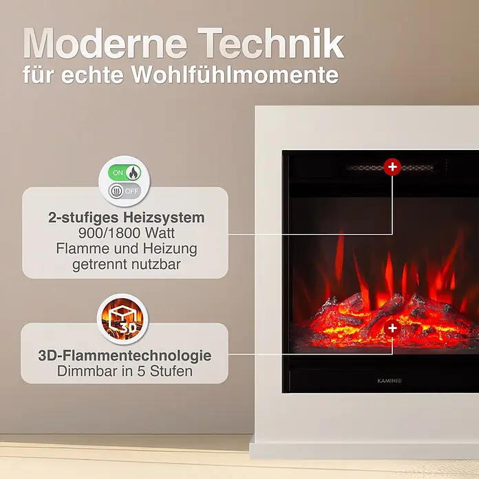 Elektrischer Kamin KAMINIO Kalle - 18 x 51 x 65 cm, Weiß - Weißer Elektrokamin mit 3D-Flammeneffekt und 2-stufiger Heizung (900/1800W), Flamme und Heizung separat steuerbar.