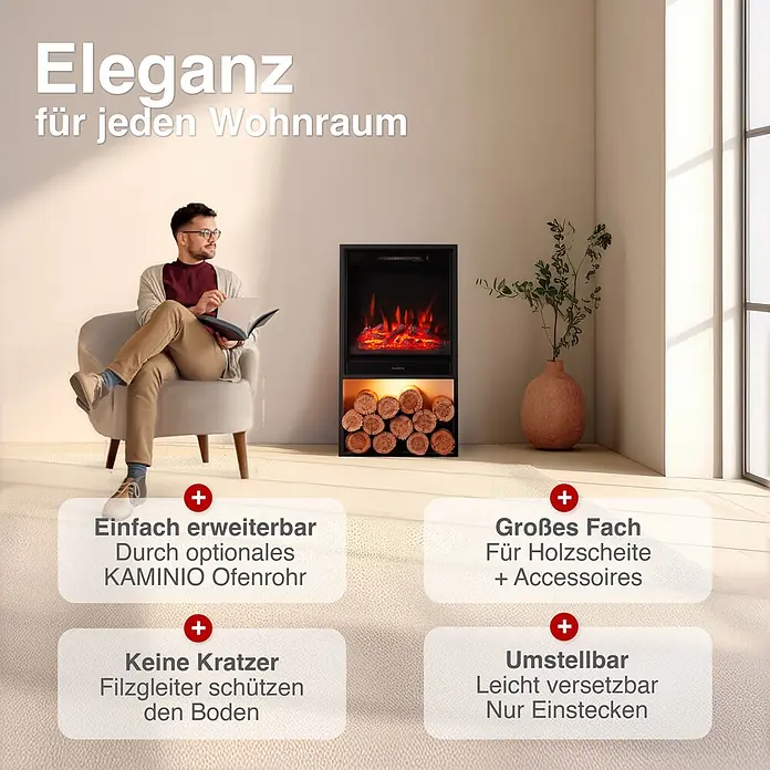 Elektrischer Kamin KAMINIO Hugo - 17 x 42 x 75 cm, Schwarz - Schwarzer Elektrokamin mit Holzlagerfach in modernem Wohnzimmer.