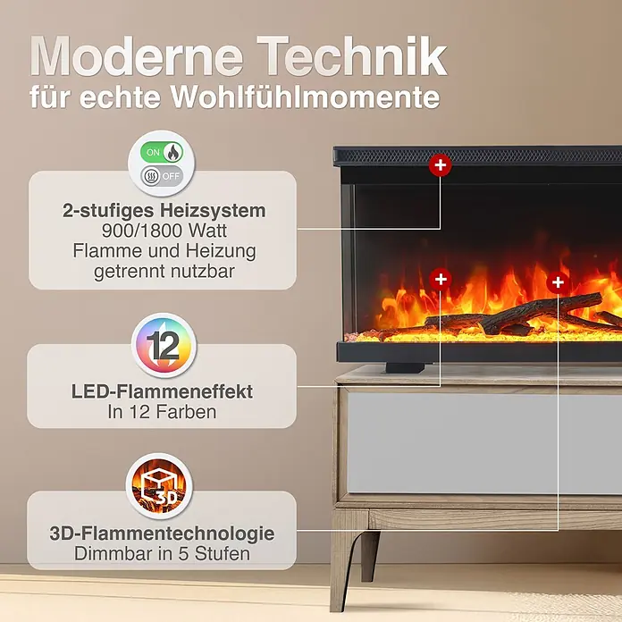 Elektrischer Kamin KAMINIO Lea 50 - 20 x 127 x 43 cm, Schwarz - Moderne Elektrokamin in Holzschrank, mit sichtbaren Flammen. Merkmale: 2-Stufen-Heizung, 12 LED-Farben, 3D dimmbare Flammen.