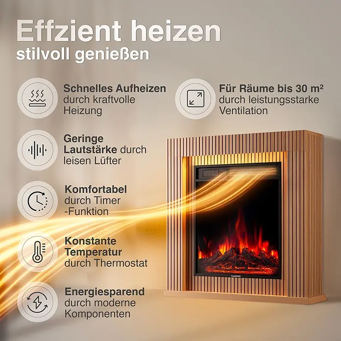 Elektrischer Kamin KAMINIO Matti 32 - 21,5 x 81 x 80 cm, Paneel - Elektrischer Kamin mit heller Holzlamellenverkleidung, zeigt realistische Flammen und strahlt eine warme Glut aus.