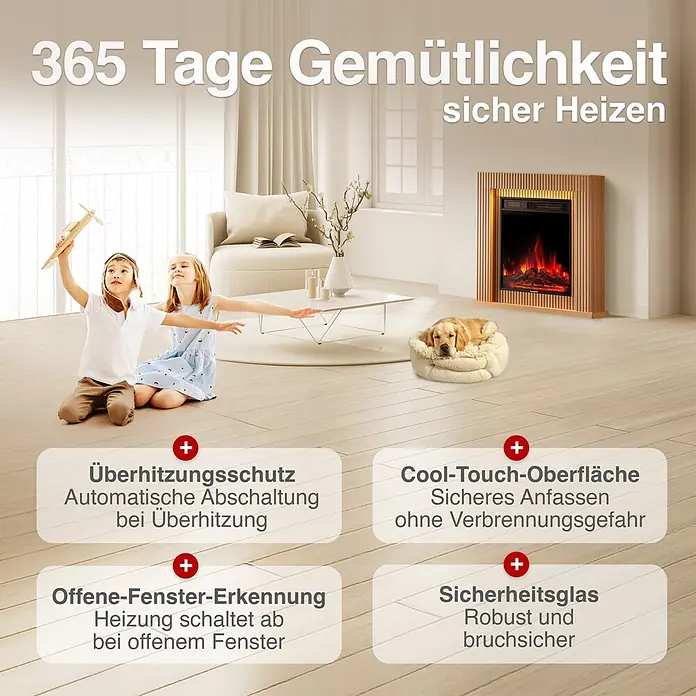 Elektrischer Kamin KAMINIO Matti 32 - 21,5 x 81 x 80 cm, Paneel - Elektrischer Kamin mit Holzrahmen im Wohnzimmer, hebt kühle Oberfläche und Sicherheitsglas für Kinder und Haustiere hervor.
