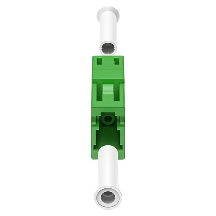 Hama Glasfaser-Netzwerkkabel 00200801 LC/APC - Grün - Grüner LWL-Adapter mit zwei weißen Ferrulen, zur Montage getrennt dargestellt.