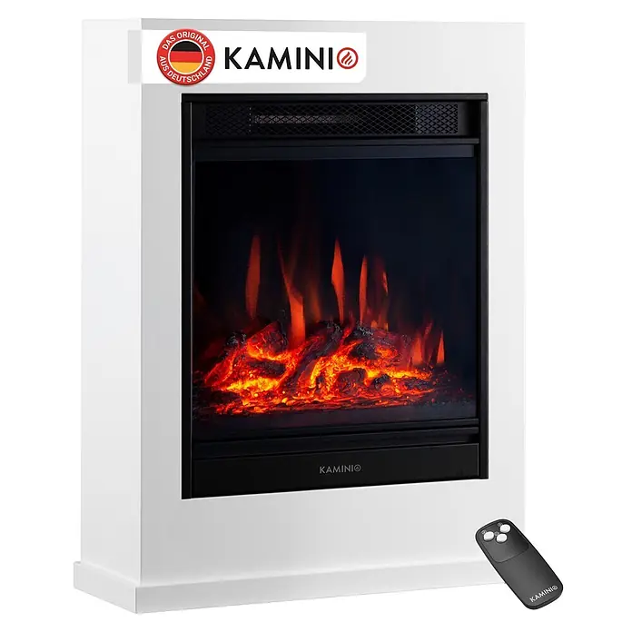 Elektrischer Kamin KAMINIO Kalle - 18 x 51 x 65 cm, Weiß - Weißer Elektrokamin mit schwarzem Einsatz, der realistische Flammen zeigt, und einer schwarzen Fernbedienung.
