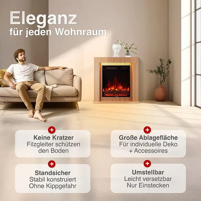 Elektrischer Kamin KAMINIO Matti 32 - 21,5 x 81 x 80 cm, Paneel - Eleganter Elektrokamin mit Holzlamellenverkleidung in einem gemütlichen Wohnzimmer, strahlt Wärme aus.