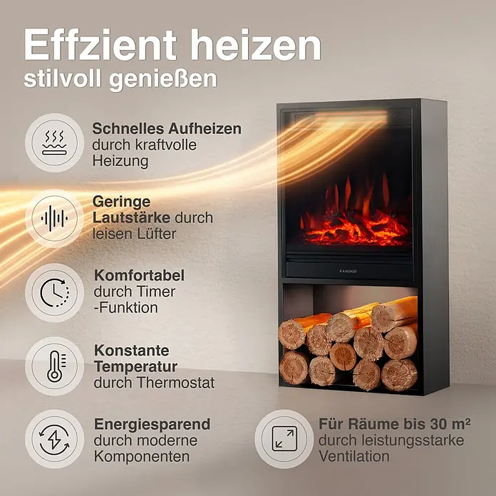 Elektrischer Kamin KAMINIO Hugo - 17 x 42 x 75 cm, Schwarz - Schwarzer Elektrokamin mit realistischen Flammen, Holzscheit-Ablage und Heizfunktion.