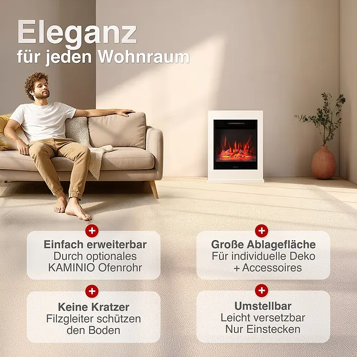Elektrischer Kamin KAMINIO Kalle - 18 x 51 x 65 cm, Weiß - Weißer Elektrokamin mit künstlichen Flammen in einem modernen Wohnzimmer, der Eleganz und Wärme verleiht.