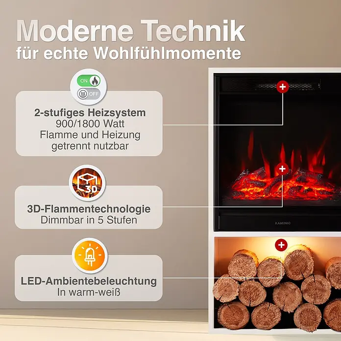Elektrischer Kamin KAMINIO Hugo - 17 x 42 x 75 cm, Weiß - Schwarzer Elektrokamin mit realistischen 3D-Flammen, 2-Stufen-Heizung und warmweißer LED-Ambientebeleuchtung.