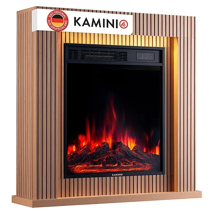 Elektrischer Kamin KAMINIO Matti 32 - 21,5 x 81 x 80 cm, Paneel - Moderner Elektrokamin mit realistischen Flammen, eingebettet in ein gerilltes Holzgehäuse.