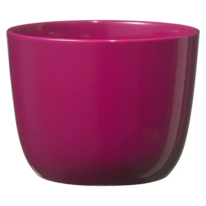 Soendgen Keramik Übertopf rund Sevilla - Außenmaß (Ø x H): 12 x 10 cm, Brombeere, Keramik, Glänzend - Nahaufnahme eines leuchtend pinkfarbenen, glänzenden Blumentopfs mit abgerundeten Kanten vor einem neutralen schwarzen Hintergrund.
