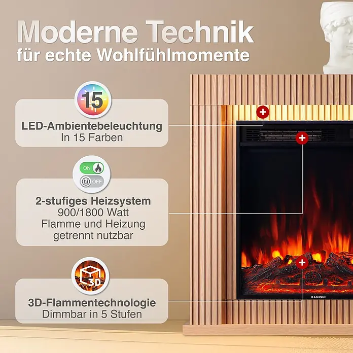Elektrischer Kamin KAMINIO Matti 32 - 21,5 x 81 x 80 cm, Paneel - Moderner Elektrokamin mit 3D-Flammeneffekt, 15-farbiger LED-Beleuchtung und 2-stufiger 900/1800W Heizung, in Holzvertäfelung integriert.