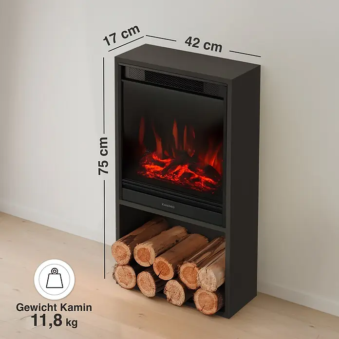 Elektrischer Kamin KAMINIO Hugo - 17 x 42 x 75 cm, Schwarz - Dunkelgrauer Elektrokamin mit Flammenillusion und integriertem Holzfach, 75x42x17 cm, 11,8 kg.