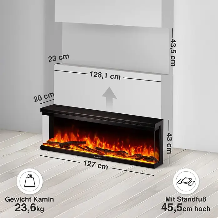 Elektrischer Kamin KAMINIO Lea 50 - 20 x 127 x 43 cm, Schwarz - Schwarzer Elektrokamin mit realistischer Flamme und Holzscheiten. Maße 127cm (B) x 43cm (H) x 20cm (T), Gewicht 23,6kg. Standfuß erhöht die Höhe auf 45,5cm.