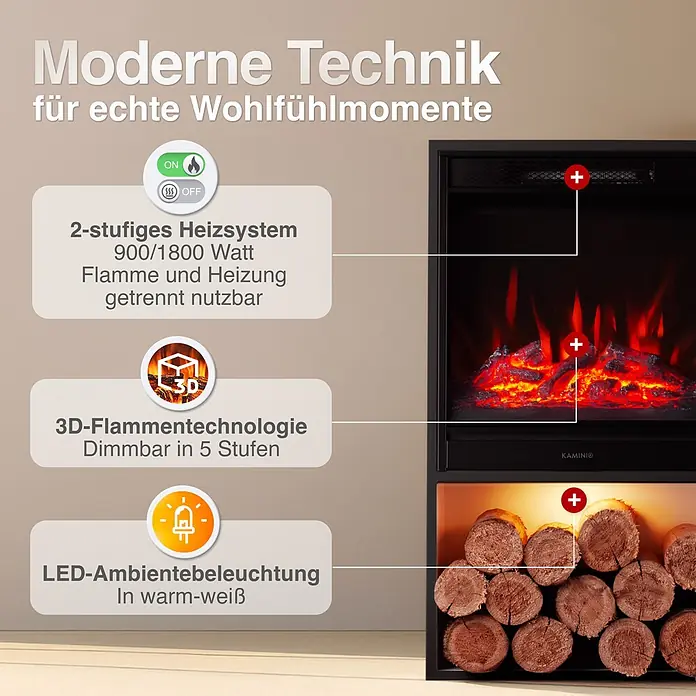 Elektrischer Kamin KAMINIO Hugo - 17 x 42 x 75 cm, Schwarz - Schwarzer Elektrokamin mit realistischem 3D-Flammeneffekt, 2-Stufen-Heizung (900/1800W) und warmweißer LED-Ambientebeleuchtung mit Holzfach.