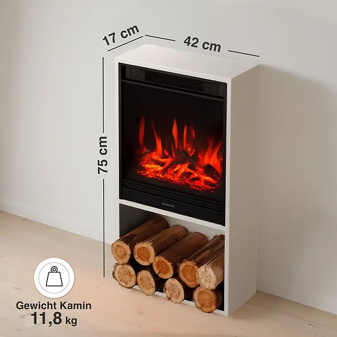 Elektrischer Kamin KAMINIO Hugo - 17 x 42 x 75 cm, Weiß - Weißer Elektrokamin mit schwarzem Einsatz, Holzfach und glühenden Kunstscheiten. Maße: H 75 cm, B 42 cm, T 17 cm. Gewicht: 11,8 kg.
