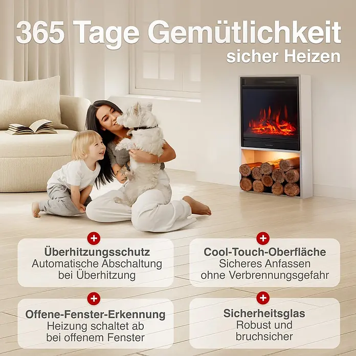 Elektrischer Kamin KAMINIO Hugo - 17 x 42 x 75 cm, Weiß - Moderner Elektrokamin in einem gemütlichen Wohnzimmer, bietet sichere Wärme und Komfort für die ganze Familie.