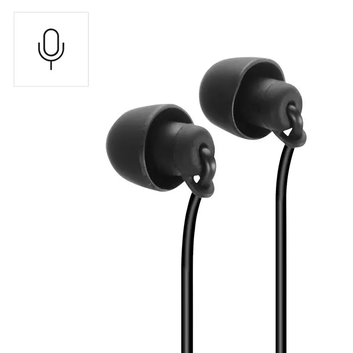Hama Kopfhörer "Calm" In Ear - Schwarz - Zwei schwarze In-Ear-Kopfhörer mit Kabeln. Ein Mikrofon-Symbol deutet auf Sprachfunktion hin.