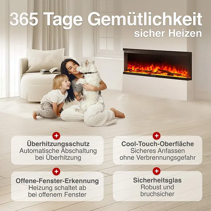 Elektrischer Kamin KAMINIO Lea 50 - 20 x 127 x 43 cm, Schwarz - Elektrischer Kamin in Wohnzimmer mit Familie. Text betont Sicherheitsfunktionen: Überhitzungsschutz, Cool-Touch-Oberfläche, Sicherheitsglas.