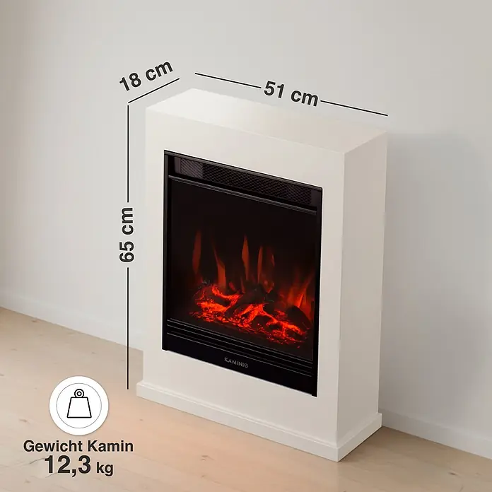 Elektrischer Kamin KAMINIO Kalle - 18 x 51 x 65 cm, Weiß - Weißer Elektrokamin mit schwarzer Verkleidung und simulierten Flammen, Maße 65x51x18 cm (HxBxT).