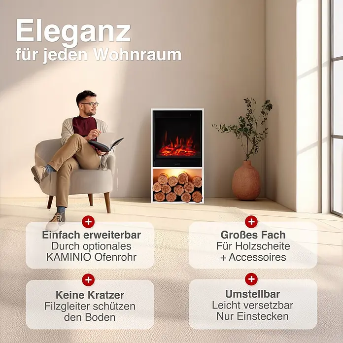 Elektrischer Kamin KAMINIO Hugo - 17 x 42 x 75 cm, Weiß - Weißer Elektrokamin mit integriertem Holzfach, der ein modernes Wohnzimmer verschönert.