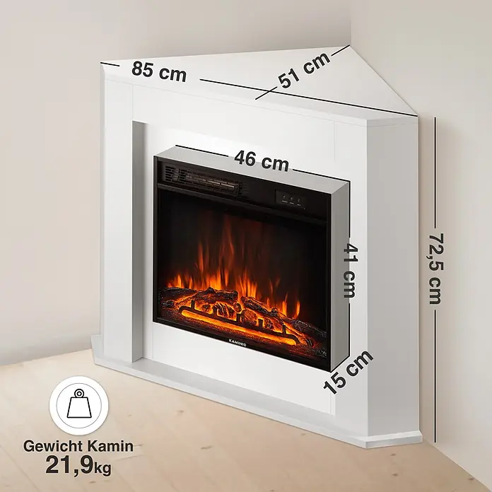 Elektrischer Kamin KAMINIO Matti Ecke - 51 x 85 x 72,5 cm, Weiß - Weißer Eck-Elektrokamin mit Flammenbild. Maße: 85x51x72,5 cm, Gewicht 21,9 kg. Kaminkassette: 46x41 cm.