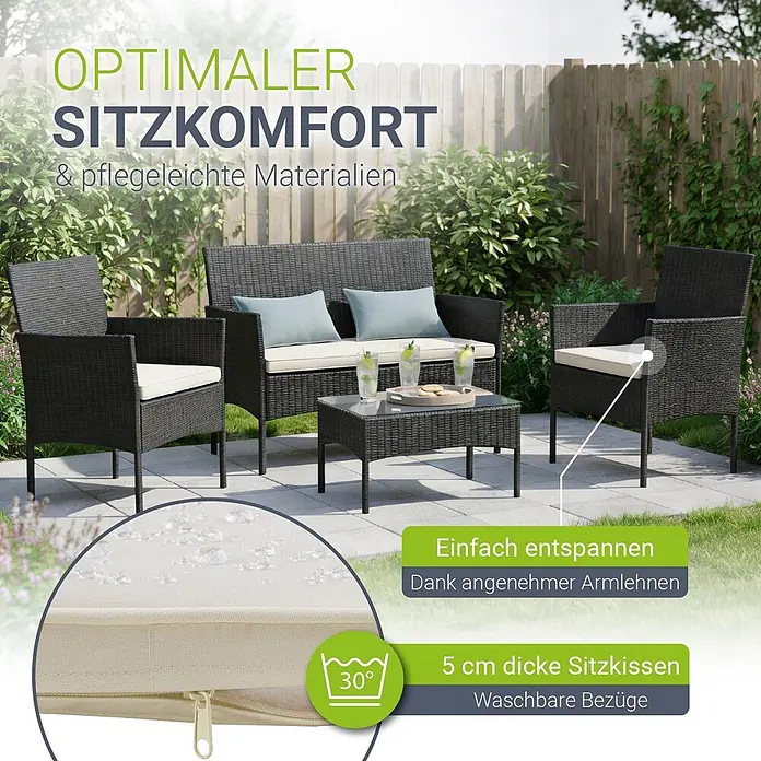 Juskys Loungemöbel-Set Fort Myers - 4 -tlg., Gestell: 100% Stahl, pulverbeschichtet; Geflecht: 100% Polyrattan, geflochten; Glasplatte: 100% Glas (Sicherheitsglas); Bezüge: 100% Polyester; Sitzauflagen: 100% Schaumstoff, Farbe Geflecht: SchwarzFarbe der Bezüge: CremeweißAnzahl Sitzplätze: Für 4 PersonenStil, Design: Modern, Rattan-Optik, Schwarz - Dunkles Polyrattan Gartenmöbel-Set mit zwei Sesseln, einem Sofa und Couchtisch. Bequeme, 5cm dicke, wasserabweisende und waschbare Kissen bieten optimalen Sitzkomfort.