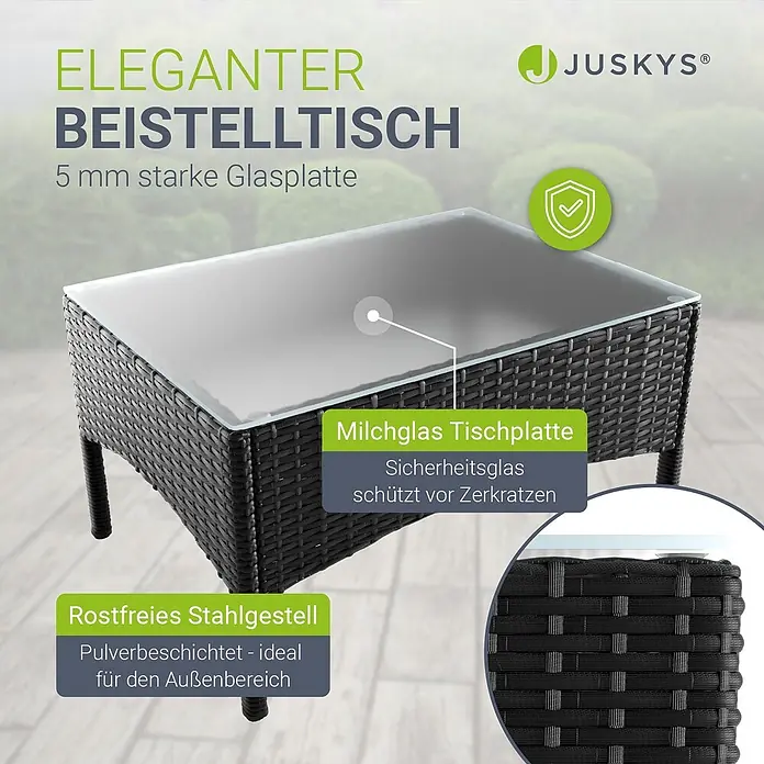 Juskys Loungemöbel-Set Fort Myers - 4 -tlg., Gestell: 100% Stahl, pulverbeschichtet; Geflecht: 100% Polyrattan, geflochten; Glasplatte: 100% Glas (Sicherheitsglas); Bezüge: 100% Polyester; Sitzauflagen: 100% Schaumstoff, Farbe Geflecht: SchwarzFarbe der Bezüge: CremeweißAnzahl Sitzplätze: Für 4 PersonenStil, Design: Modern, Rattan-Optik, Schwarz - Eleganter schwarzer Rattan-Beistelltisch mit 5mm Milchglasplatte und pulverbeschichtetem Edelstahlgestell, ideal für den Außenbereich.