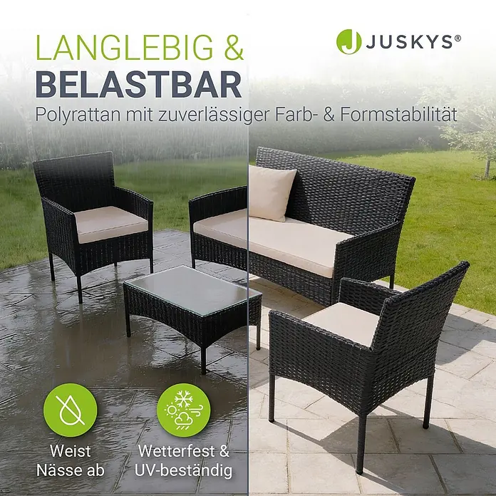 Juskys Loungemöbel-Set Fort Myers - 4 -tlg., Gestell: 100% Stahl, pulverbeschichtet; Geflecht: 100% Polyrattan, geflochten; Glasplatte: 100% Glas (Sicherheitsglas); Bezüge: 100% Polyester; Sitzauflagen: 100% Schaumstoff, Farbe Geflecht: SchwarzFarbe der Bezüge: CremeweißAnzahl Sitzplätze: Für 4 PersonenStil, Design: Modern, Rattan-Optik, Schwarz - Schwarzes Polyrattan-Gartenmöbelset mit beigefarbenen Kissen, witterungsbeständig bei Regen und Sonne, für den Außenbereich.