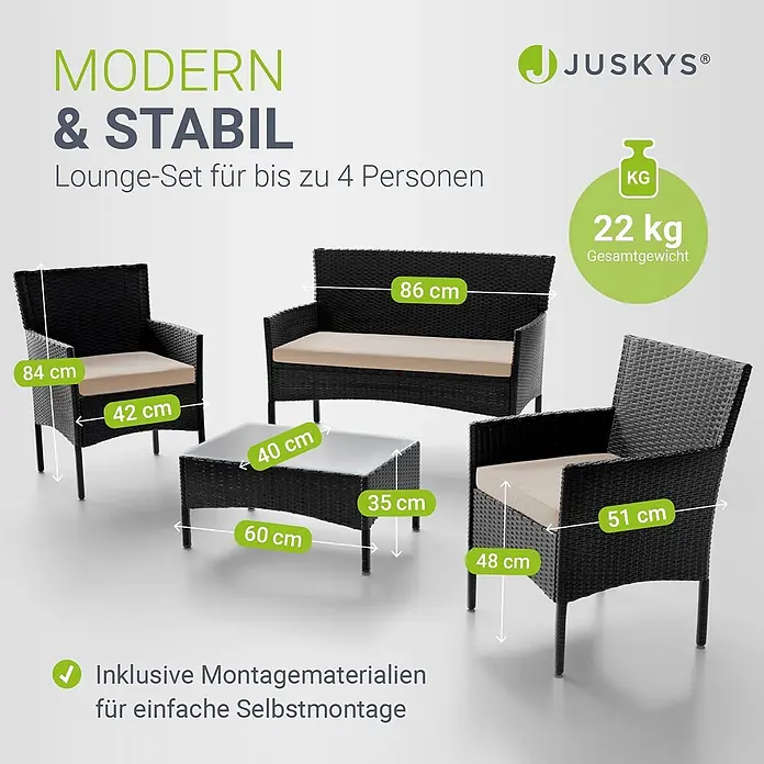 Juskys Loungemöbel-Set Fort Myers - 4 -tlg., Gestell: 100% Stahl, pulverbeschichtet; Geflecht: 100% Polyrattan, geflochten; Glasplatte: 100% Glas (Sicherheitsglas); Bezüge: 100% Polyester; Sitzauflagen: 100% Schaumstoff, Farbe Geflecht: SchwarzFarbe der Bezüge: CremeweißAnzahl Sitzplätze: Für 4 PersonenStil, Design: Modern, Rattan-Optik, Schwarz - Schwarzes Rattan-Lounge-Set mit beigen Kissen, bestehend aus einem 2-Sitzer-Sofa, 2 Sesseln und einem Couchtisch. Für bis zu 4 Personen.