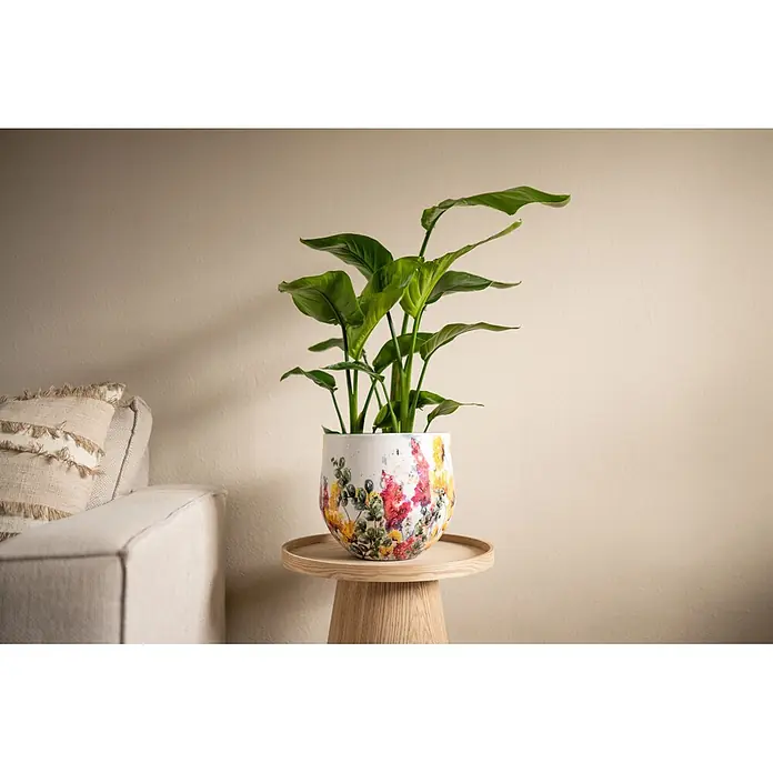 Ter Steege Übertopf rund Floral White - Ø x H: 30 x 28 cm, Metall, Cremeweiß - Eine grüne Pflanze in einem weißen Topf mit bunten Blumendesigns steht auf einem hellen Holztisch neben einem beigefarbenen Sofa.