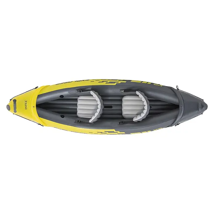Intex Kajak Explorer K2 - 313 x 92 cm, Nutzlast: 160 kg, Geeignet für: 2 Personen - Zweisitziges Schlauchkajak, gelb und grau, mit zwei hellgrauen aufblasbaren Sitzen.