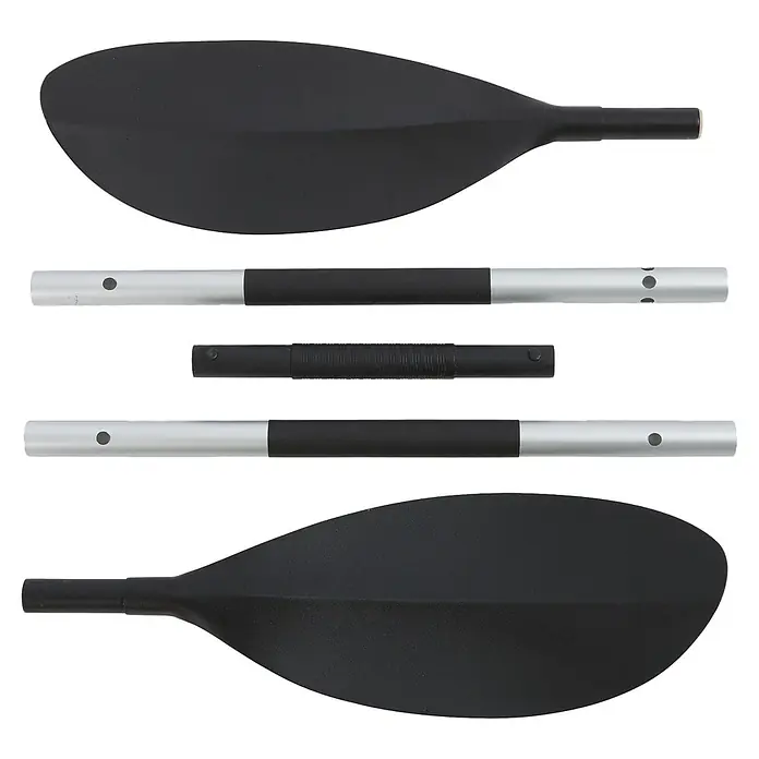 Intex Kajak Explorer K2 - 313 x 92 cm, Nutzlast: 160 kg, Geeignet für: 2 Personen - Vierteiliges Kajakpaddel mit schwarzen Blättern und silber-schwarzem Schaft, zerlegt dargestellt.