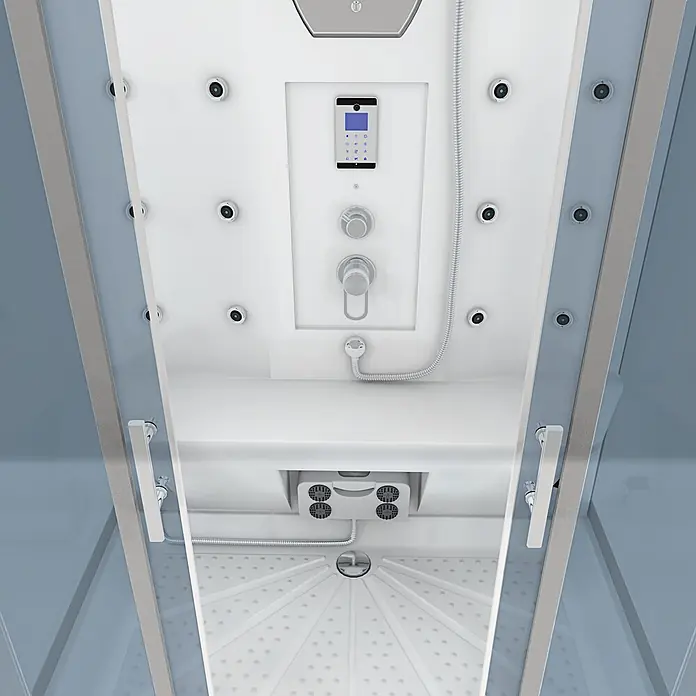 AcquaVapore Komplettdusche Dampfdusche D27-EH - 140 x 90 x 215 cm, Weiß - Moderne weiße Duschkabinen-Innenausstattung mit digitalem Bedienfeld, Massagedüsen und strukturierter Duschwanne.