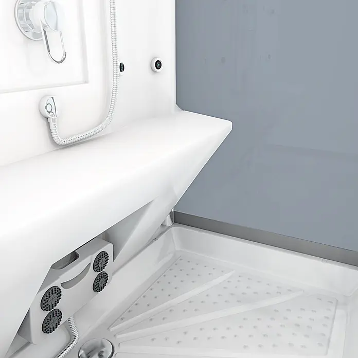AcquaVapore Komplettdusche Dampfdusche D27-EH - 140 x 90 x 215 cm, Weiß - Weißer Duschkabinen-Innenraum mit klappbarem Sitz, Chromarmatur, Körperdüsen und rutschfester Duschwanne.