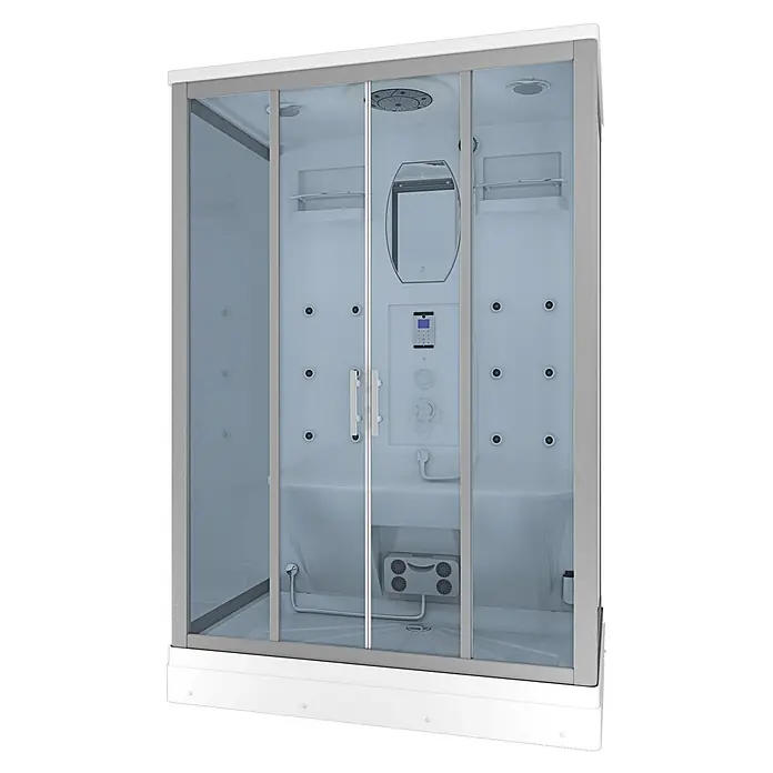 AcquaVapore Komplettdusche Dampfdusche D27-EH - 140 x 90 x 215 cm, Weiß - Moderne Duschkabine mit weißem und grauem Rahmen, Klarglastüren und Multi-Jet-Regenduschsystem.