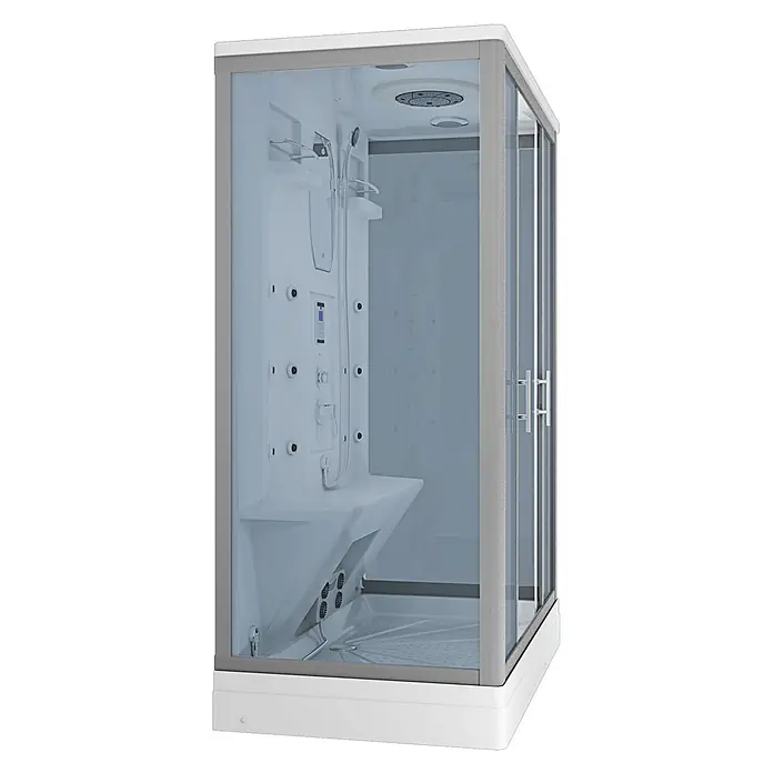AcquaVapore Komplettdusche Dampfdusche D27-EH - 140 x 90 x 215 cm, Weiß - Moderne weiß-graue Hydromassage-Duschkabine mit Glastüren, mehreren Düsen, Bedienfeld und integriertem Sitz.