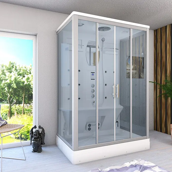 AcquaVapore Komplettdusche Dampfdusche D27-TH - 140 x 90 x 215 cm, Weiß - Moderne weiße Duschkabine aus Glas mit Hydromassagedüsen und Dampffunktion in einem hellen Raum.