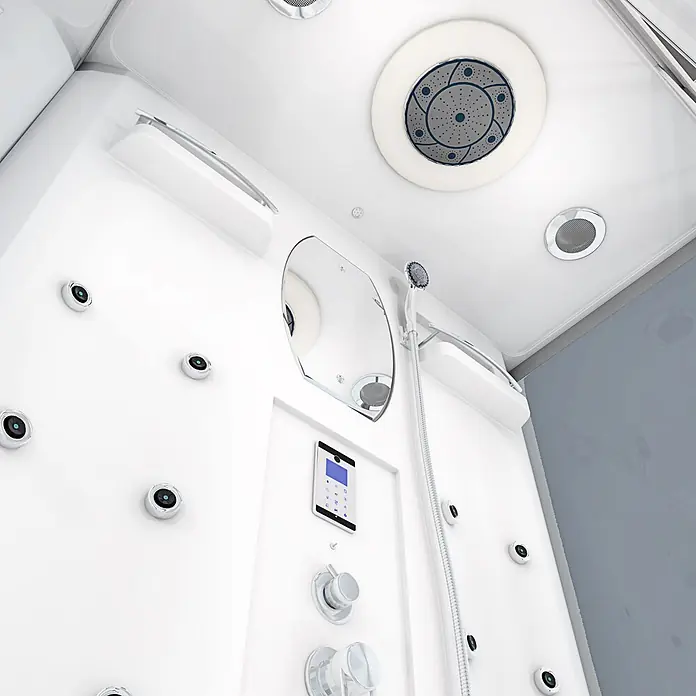AcquaVapore Komplettdusche Dampfdusche D27-EH - 140 x 90 x 215 cm, Weiß - Modernes, weißes Duschkabinen-Interieur mit großer Regendusche, Massagedüsen, Handbrause und digitaler Steuerung.