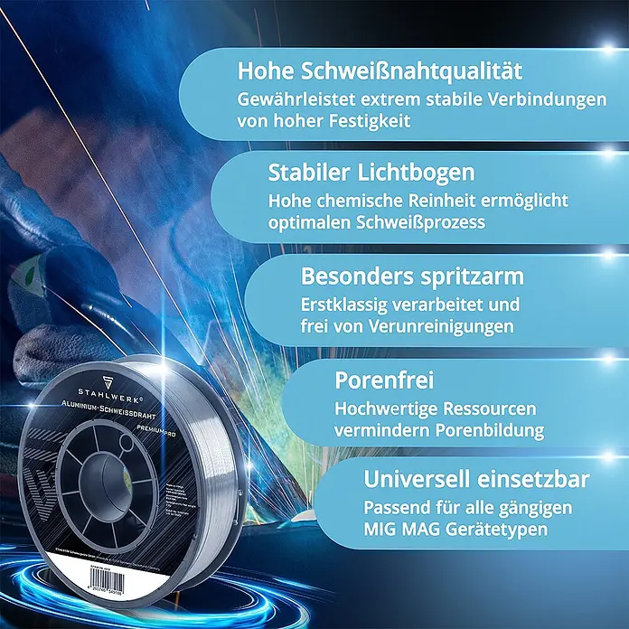 STAHLWERK Draht Schweißdraht MIG MAG Aluminium ER5356 - AlMg5 - Silberne Spule STAHLWERK PREMIUMPRO Aluminium-Schweißdraht, in einer Schweißumgebung.