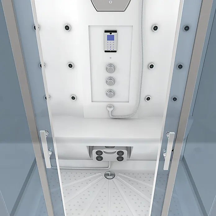 AcquaVapore Komplettdusche Dampfdusche D27-TH-EC - 140 x 90 x 215 cm, Weiß - Modernes weißes Duschkabinen-Interieur mit digitalem Bedienfeld, Hydro-Massagedüsen, Chromarmaturen und texturierter Antirutsch-Duschwanne.