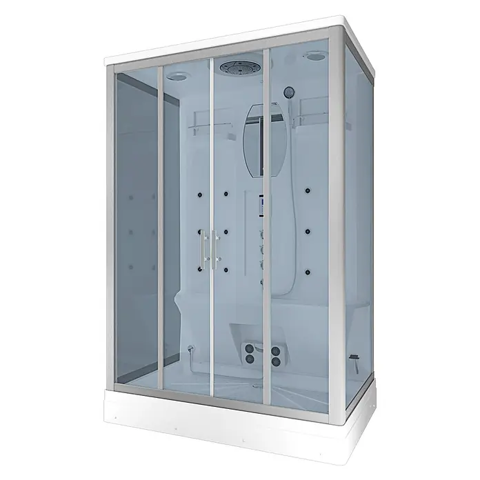 AcquaVapore Komplettdusche Dampfdusche D27-TH-EC - 140 x 90 x 215 cm, Weiß - Moderne weiße Duschkabine aus Glas mit Massagedüsen, Kopfbrause, Handbrause, Bedienelementen und integriertem Sitz.
