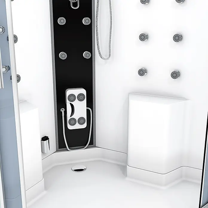 AcquaVapore Komplettdusche Dampfdusche D26-EH - 130 x 130 x 220 cm, Weiß - Moderne Duschkabinen-Innenseite mit weißen und schwarzen Paneelen, mehreren Chrom-Massagedüsen und einer Handbrause.