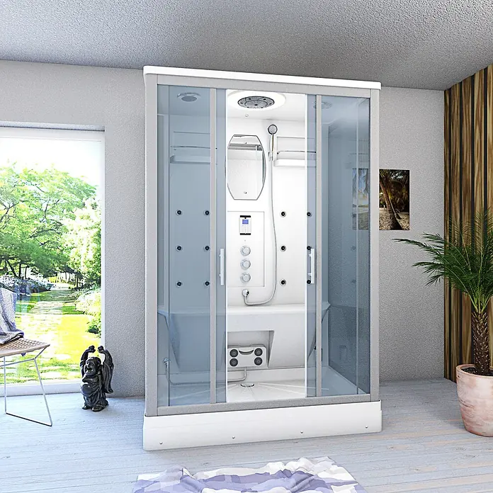 AcquaVapore Komplettdusche Dampfdusche D27-TH-EC - 140 x 90 x 215 cm, Weiß - Moderne weiße Duschkabine aus Glas mit Hydromassagedüsen und Kopfbrause.