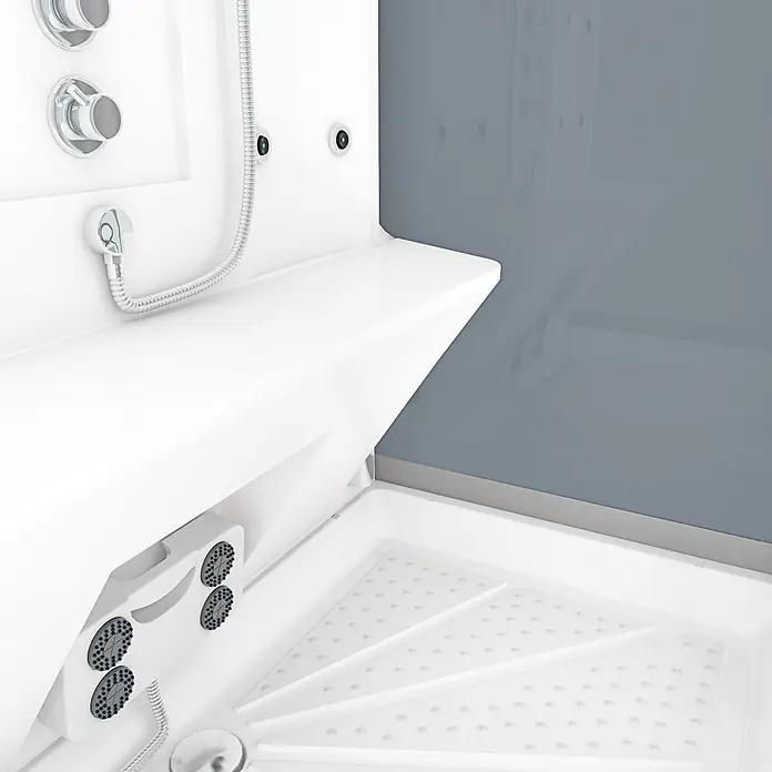 AcquaVapore Komplettdusche Dampfdusche D27-TH-EC - 140 x 90 x 215 cm, Weiß - Moderner, weißer Duschkabinen-Innenraum mit Chromarmaturen, Handbrause, Massagedüsen und einer strukturierten Antirutsch-Duschwanne.
