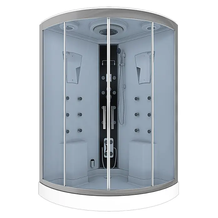 AcquaVapore Komplettdusche Dampfdusche D26-EH - 130 x 130 x 220 cm, Weiß - Moderne graue und weiße Eckduschkabine mit Glastüren, mehreren Massagedüsen und einer Handbrause.