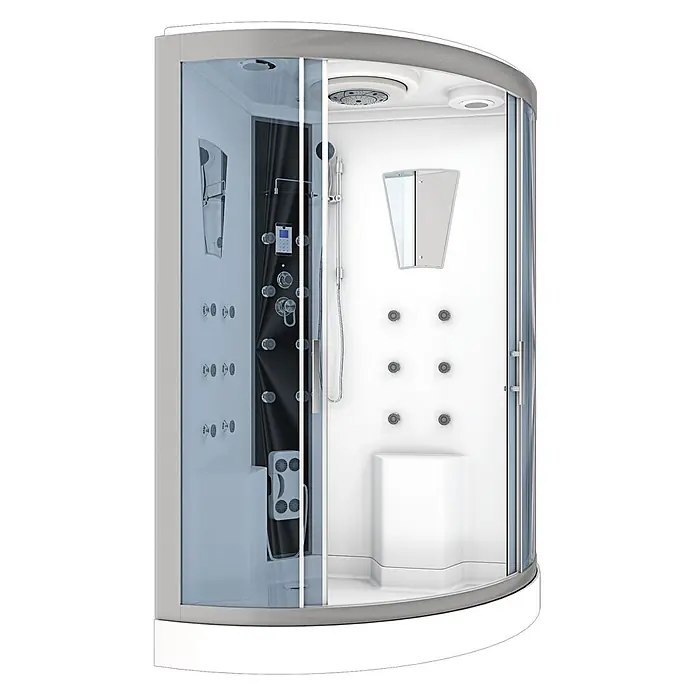 AcquaVapore Komplettdusche Dampfdusche D26-EH - 130 x 130 x 220 cm, Weiß - Moderne Eckduschkabine mit Klarglas, grauem Rahmen, weißen Innenpaneelen und schwarzer Steuersäule mit Hydro-Massage-Düsen.