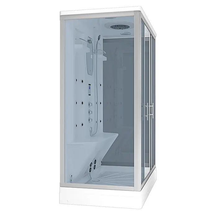 AcquaVapore Komplettdusche Dampfdusche D27-TH-EC - 140 x 90 x 215 cm, Weiß - Moderne weiße Dampfduschkabine mit Glaswänden, Hydromassagedüsen, integriertem Sitz und Regenduschkopf.
