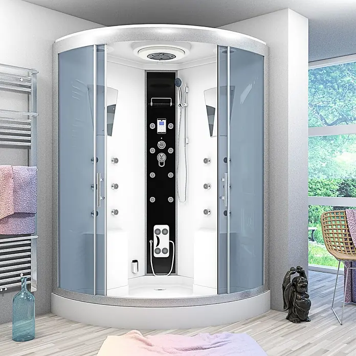 AcquaVapore Komplettdusche Dampfdusche D26-EH - 130 x 130 x 220 cm, Weiß - Moderne Eck-Dampfduschkabine mit Glaspaneelen, schwarzer Steuerung und silbernen Akzenten in hellem Badezimmerumfeld.