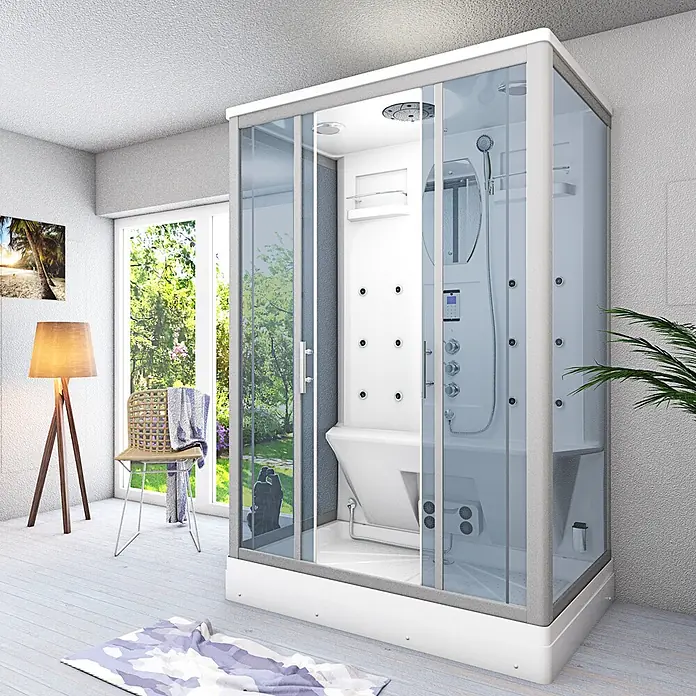 AcquaVapore Komplettdusche Dampfdusche D27-TH-EC - 140 x 90 x 215 cm, Weiß - Moderne Duschkabine aus Glas mit weißem Rahmen, mehreren Massagedüsen und integriertem Sitz, in hellem Raum.