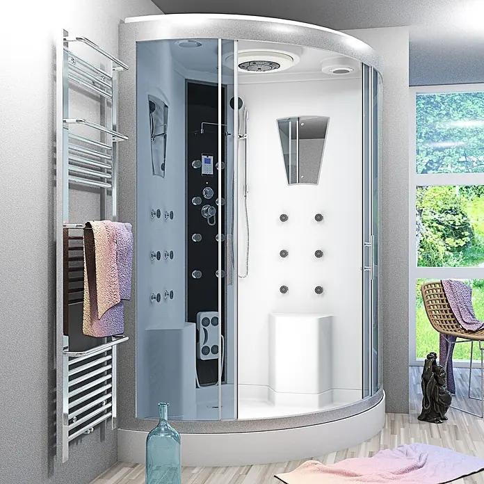 AcquaVapore Komplettdusche Dampfdusche D26-EH - 130 x 130 x 220 cm, Weiß - Moderne Eckduschkabine mit Glastüren, weißem Interieur, schwarzem Paneel mit Düsen und integriertem Sitz im Badezimmer.
